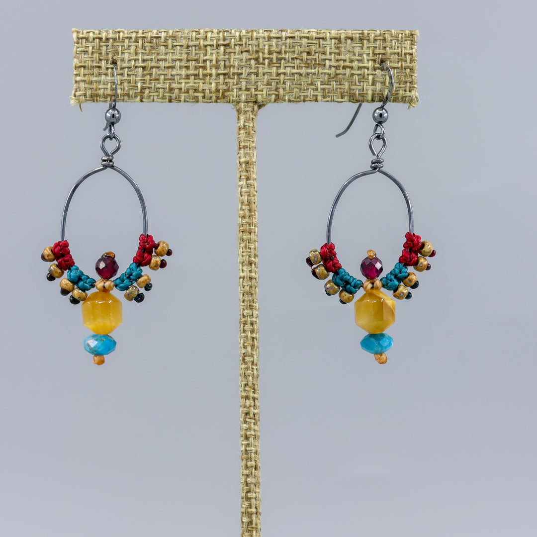 gemstone and gold fill mackrame hoop earrings handmade