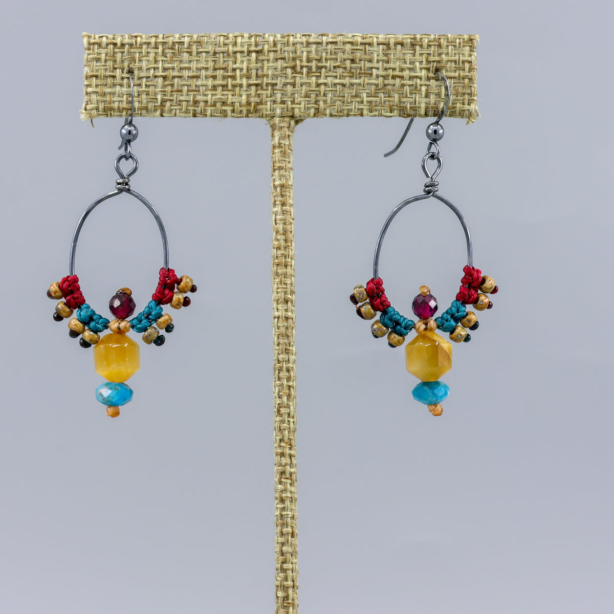 gemstone and gold fill mackrame hoop earrings handmade