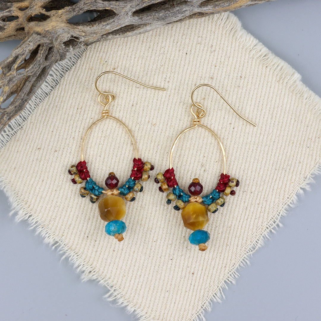 gemstone and gold fill mackrame hoop earrings handmade