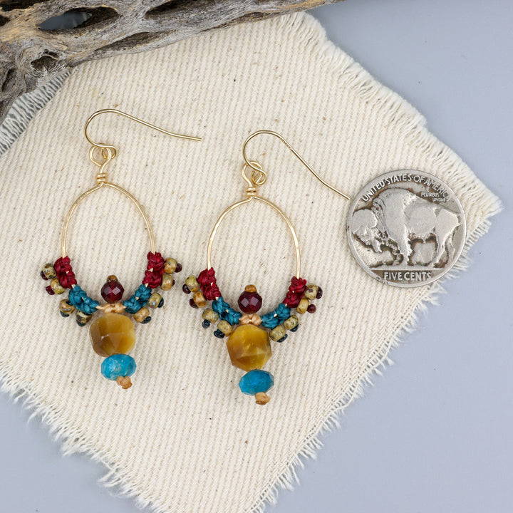 Thunderbird Hoop Earrings / Tiger's Eye, Apatite, Garnet / Gold Fill