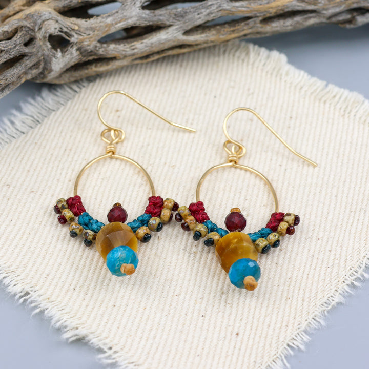 Thunderbird Hoop Earrings / Tiger's Eye, Apatite, Garnet / Gold Fill