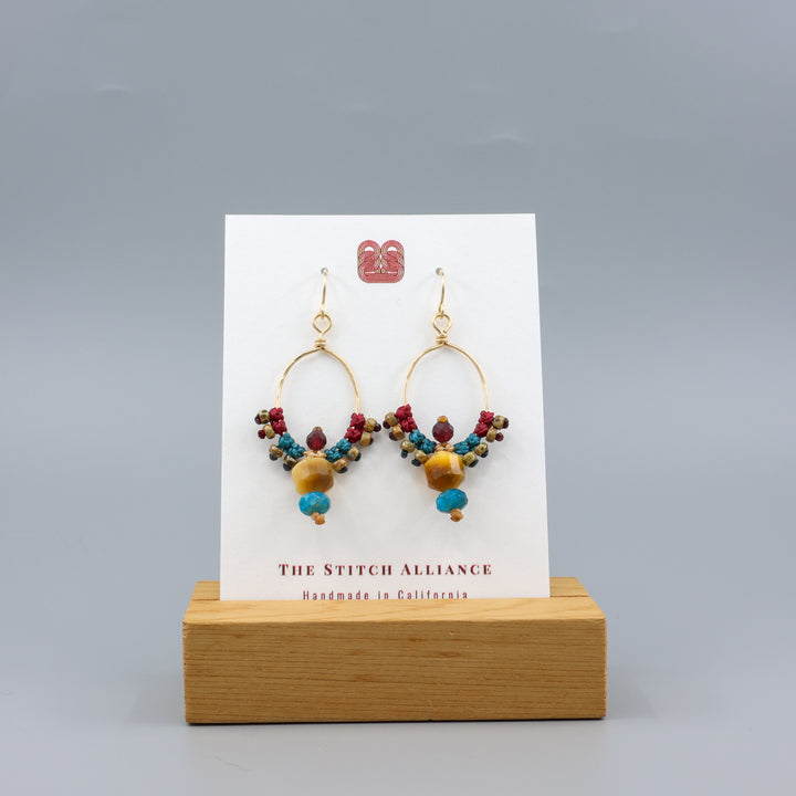 Thunderbird Hoop Earrings / Tiger's Eye, Apatite, Garnet / Gold Fill