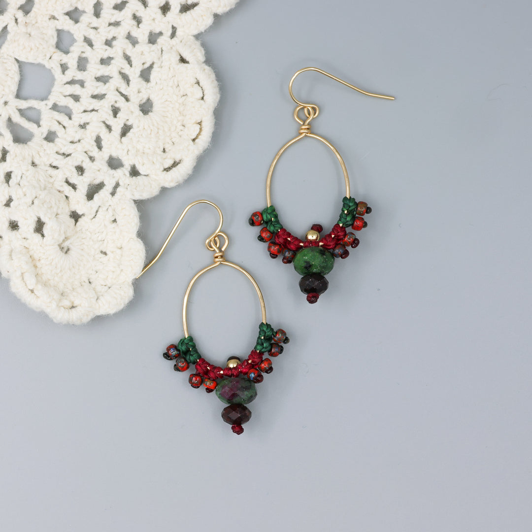 handmade red and green macrame earrings with gold filled wire and garnet and ruby zoisite beads