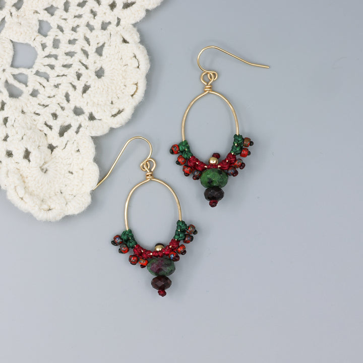 handmade red and green macrame earrings with gold filled wire and garnet and ruby zoisite beads