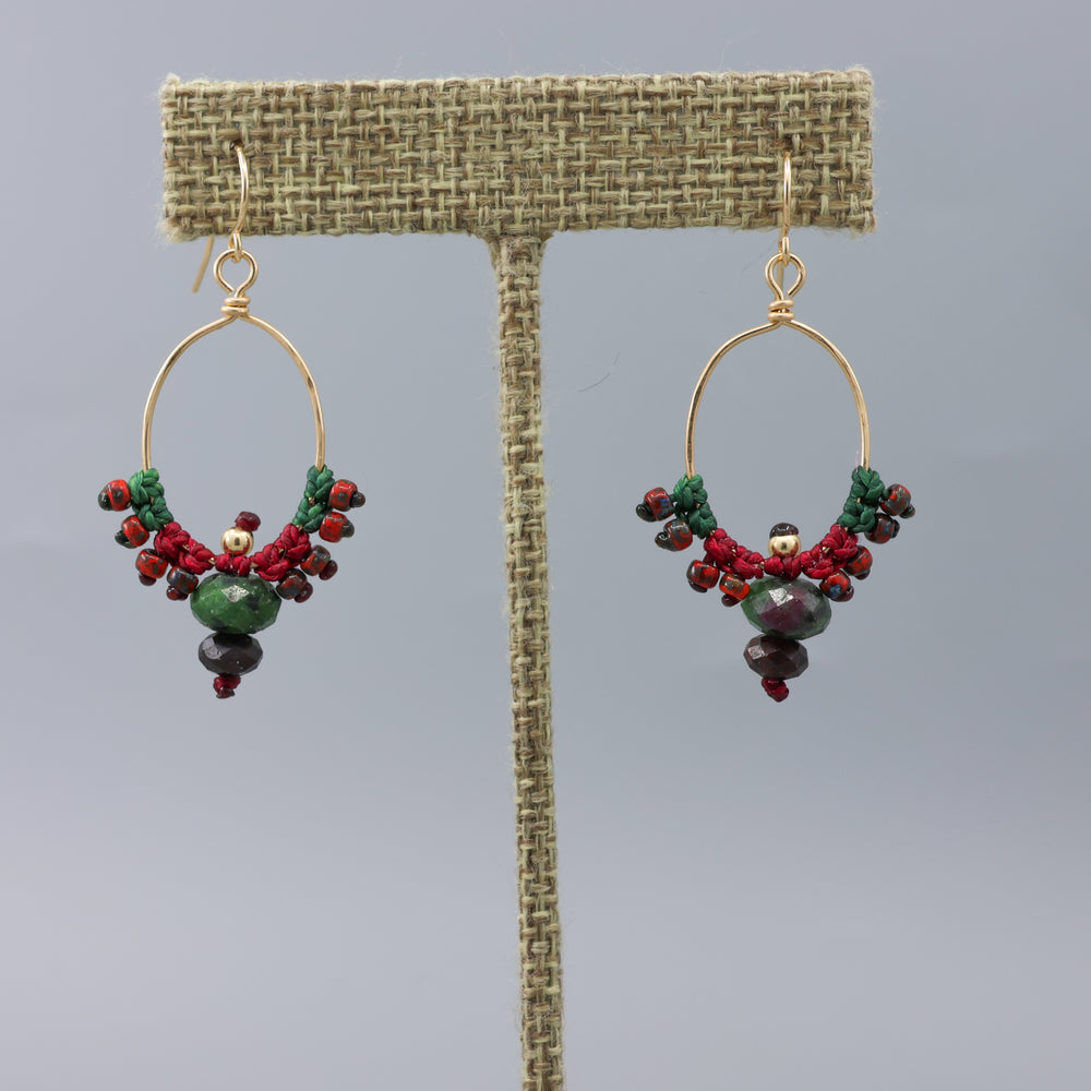handmade red and green macrame earrings with gold filled wire and garnet and ruby zoisite beads on a linen hanger