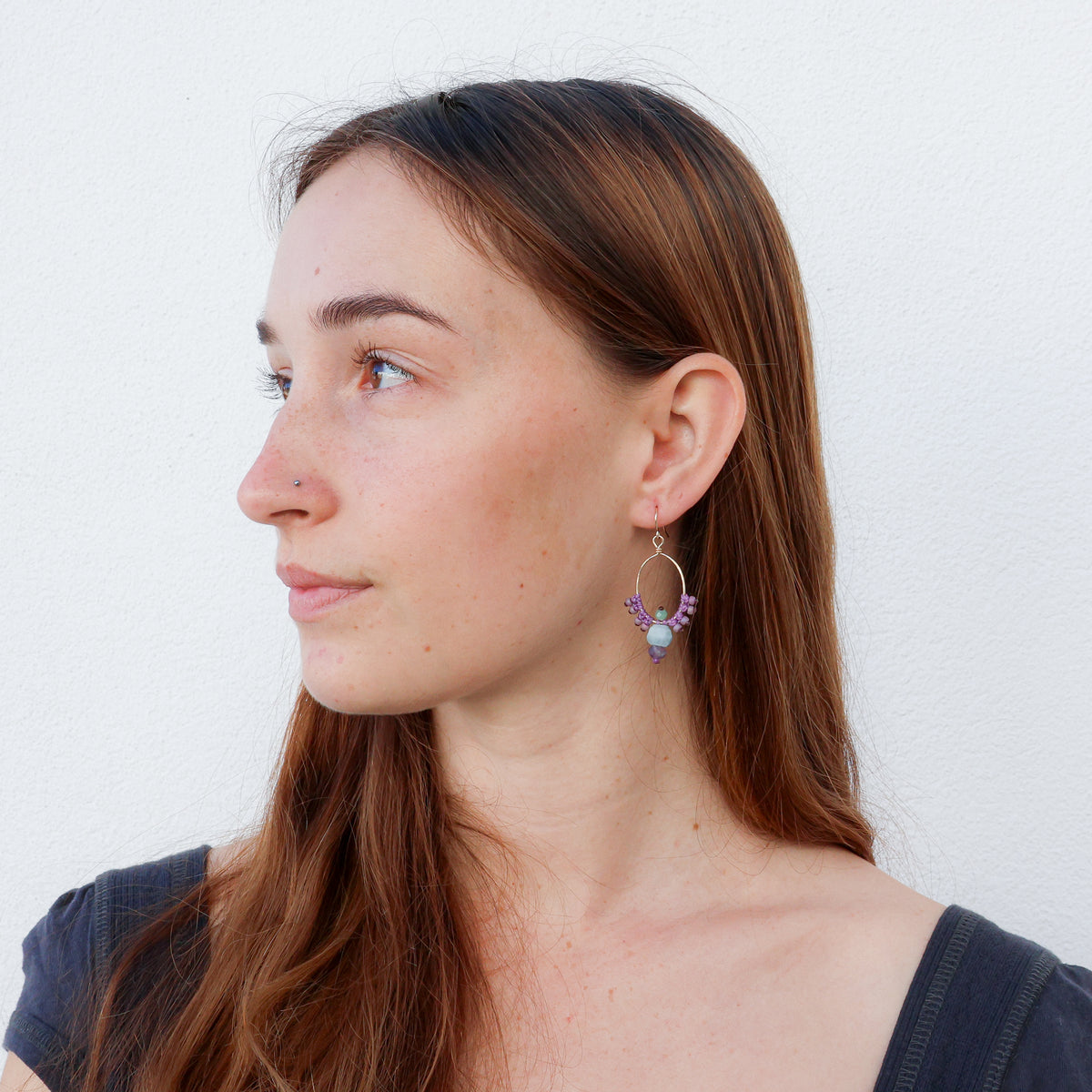 handmade gold filled macrame hoop earrings with aquamarine and amethyst beads