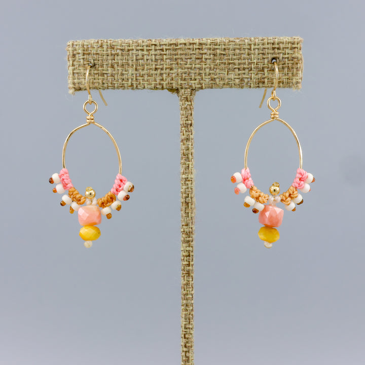 Thunderbird Hoop Earrings / Pink Opal, Tiger's Eye / Gold Fill