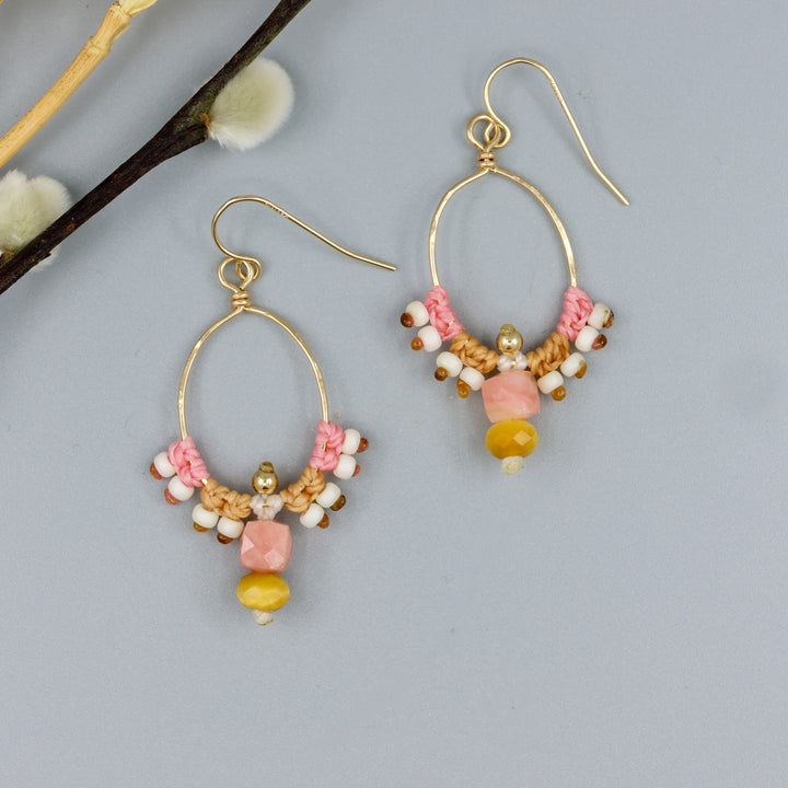 handmade pink opal and golden tiger's eye gold macrame hoop earrings