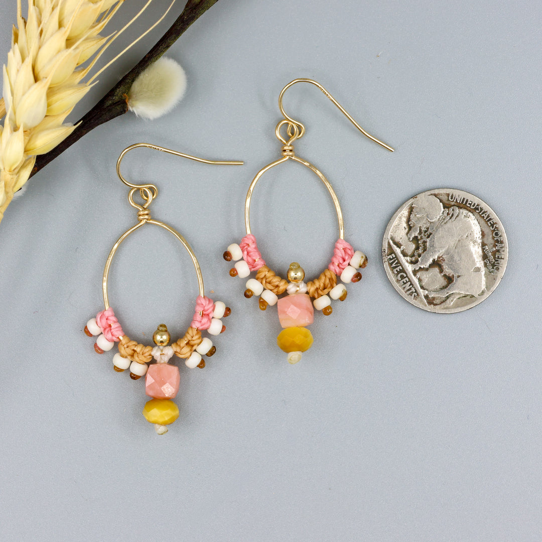 Thunderbird Hoop Earrings / Pink Opal, Tiger's Eye / Gold Fill