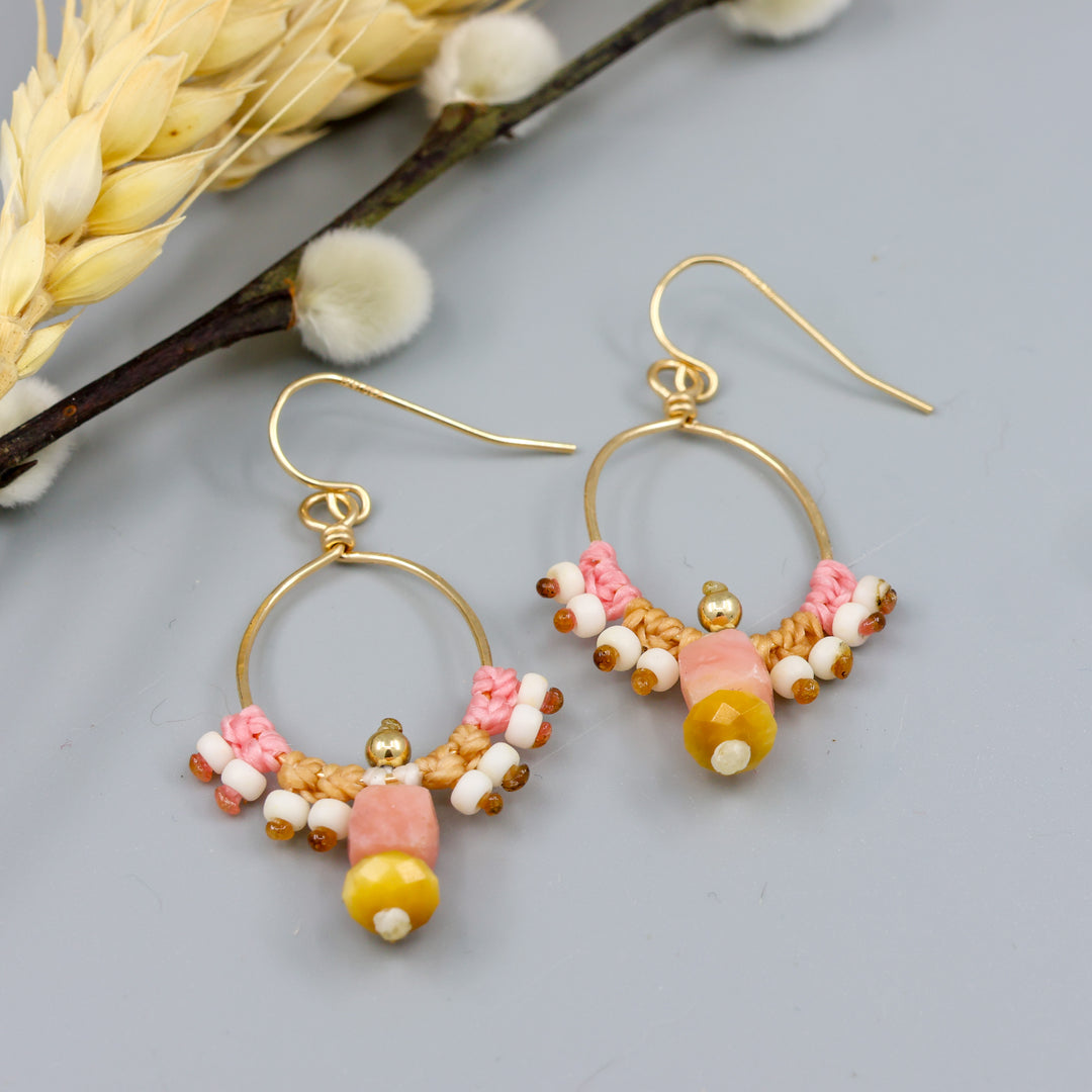 Thunderbird Hoop Earrings / Pink Opal, Tiger's Eye / Gold Fill
