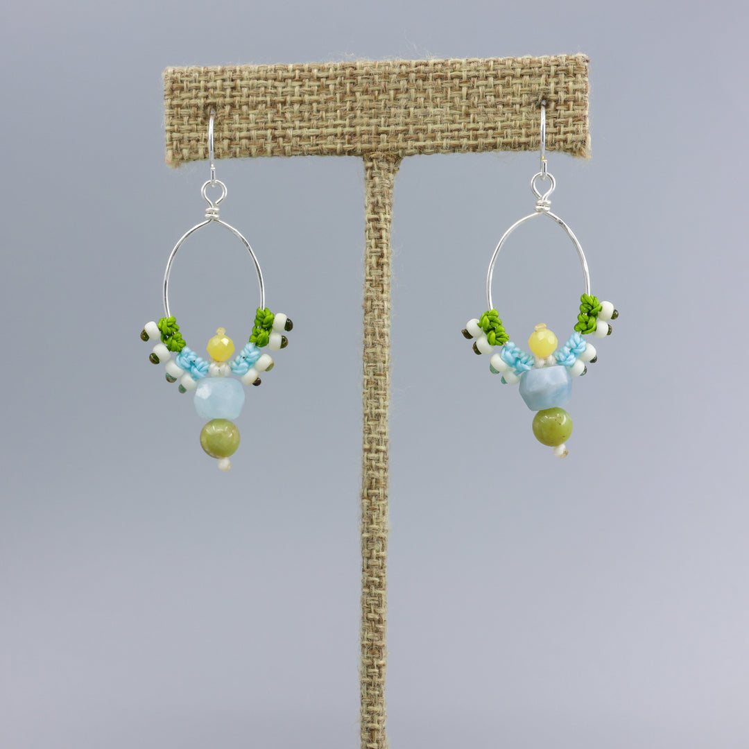 handmade macrame sterling hoop earrings with aquamarine, peridot, and yellow opal beads