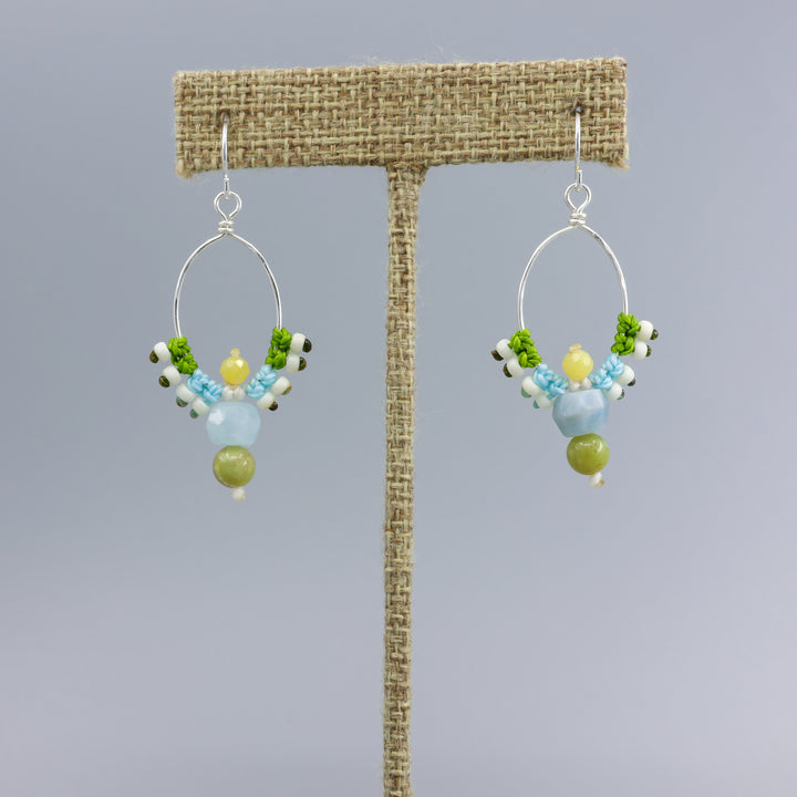 handmade macrame sterling hoop earrings with aquamarine, peridot, and yellow opal beads