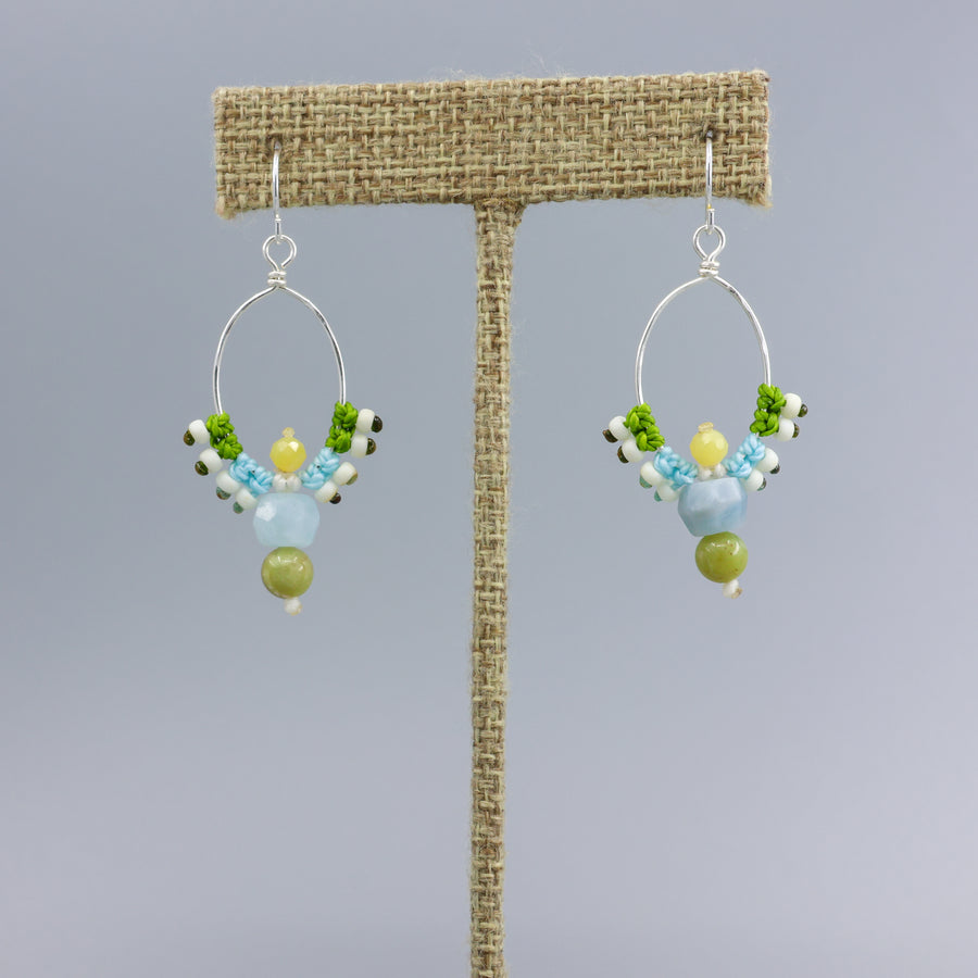 handmade macrame sterling hoop earrings with aquamarine, peridot, and yellow opal beads