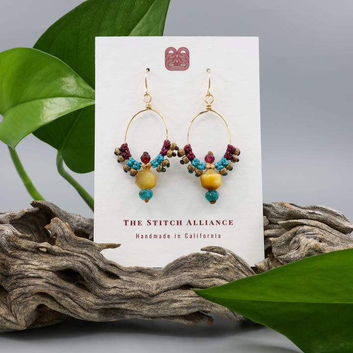 Thunderbird Hoop Earrings / Tiger's Eye, Apatite, Garnet / Gold Fill