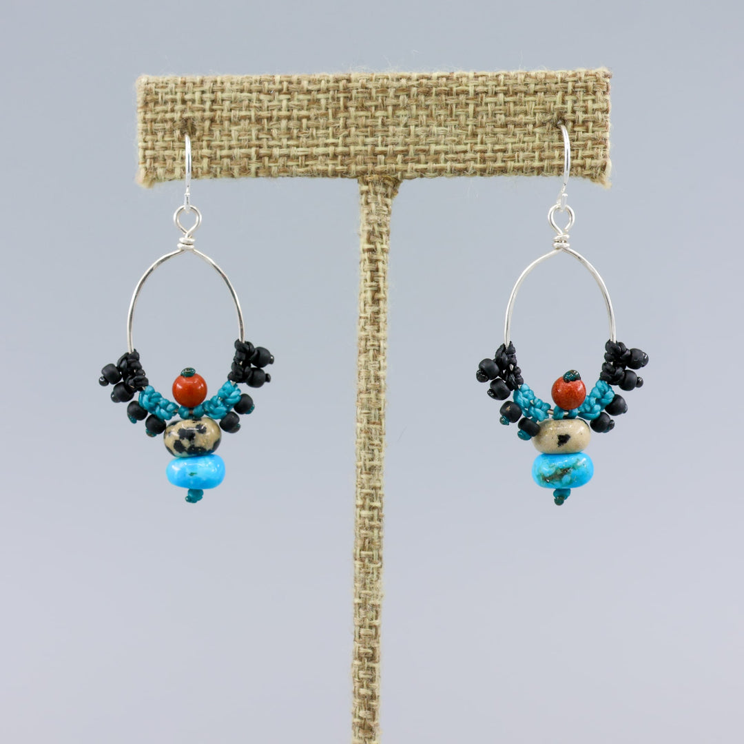 turquose and jasper handmade sterling silver macrame earrings on a linen hanger