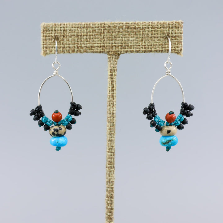 turquose and jasper handmade sterling silver macrame earrings on a linen hanger
