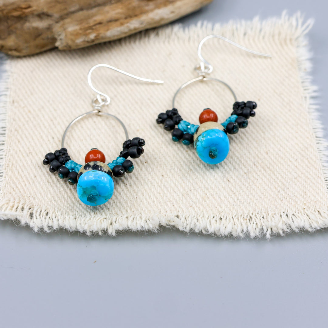 turquose and jasper handmade sterling silver macrame earrings detail view