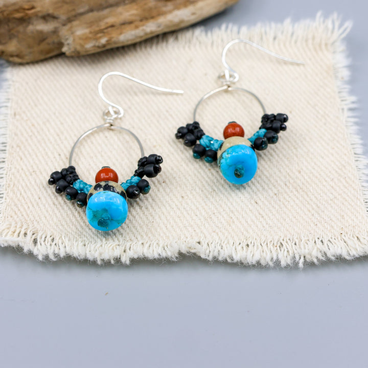 turquose and jasper handmade sterling silver macrame earrings detail view