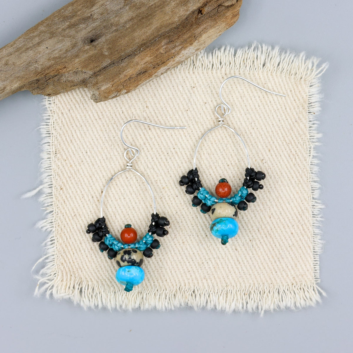 turquose and jasper handmade sterling silver macrame earrings