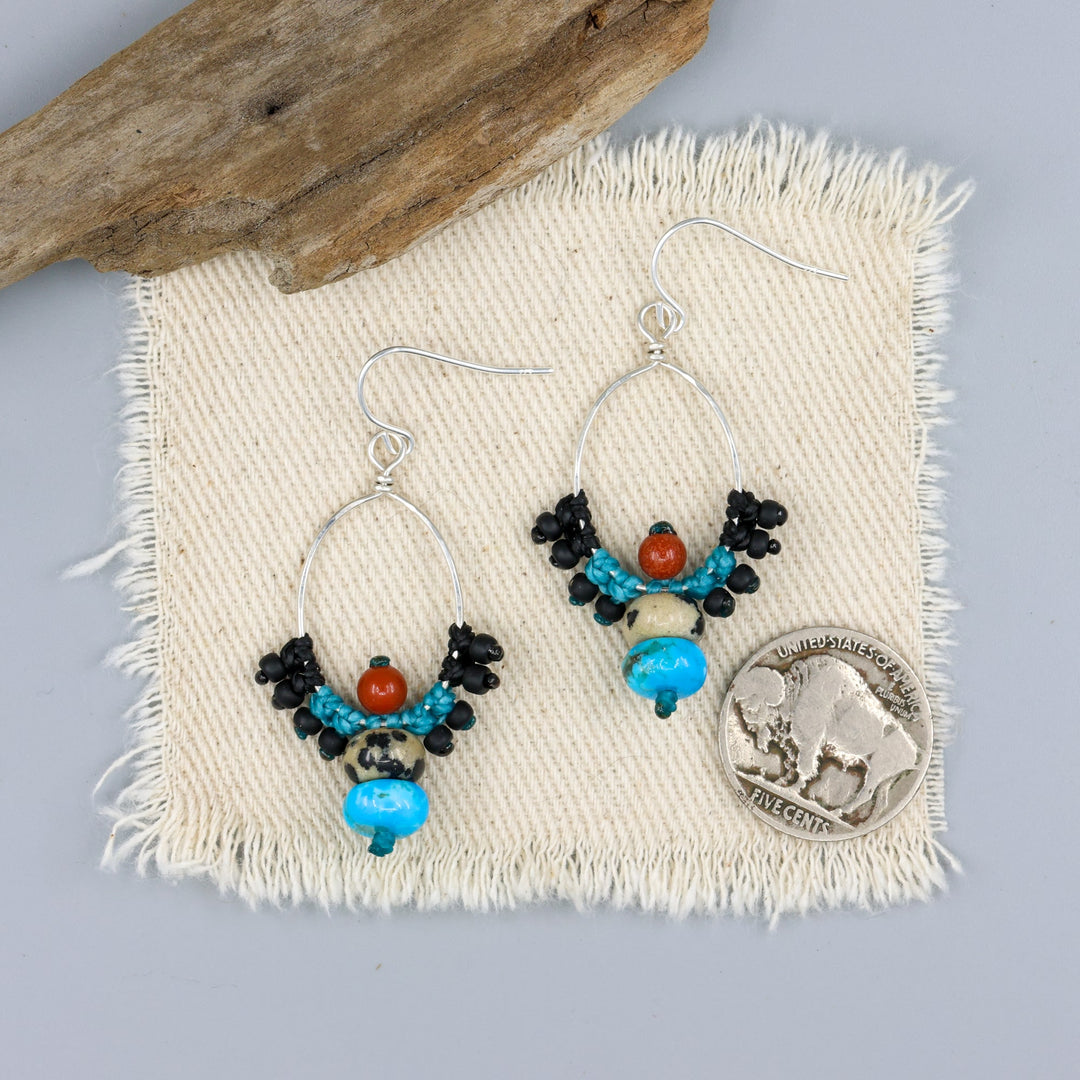 turquose and jasper handmade sterling silver macrame earrings with a nickel for size comparison