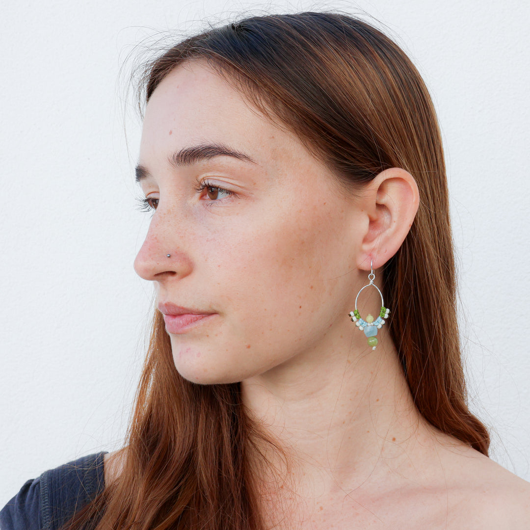 handmade sterling silver macrame earrings with aquamarine and peridot beads