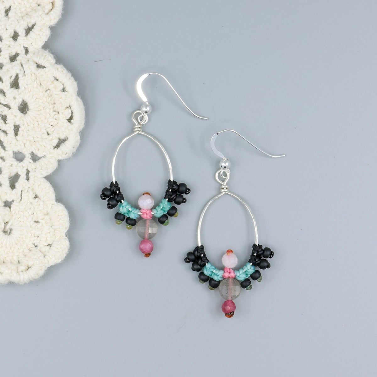 handmade sterling silver macrame hoop earrings with labradorite, tourmaline, and moonstone beads