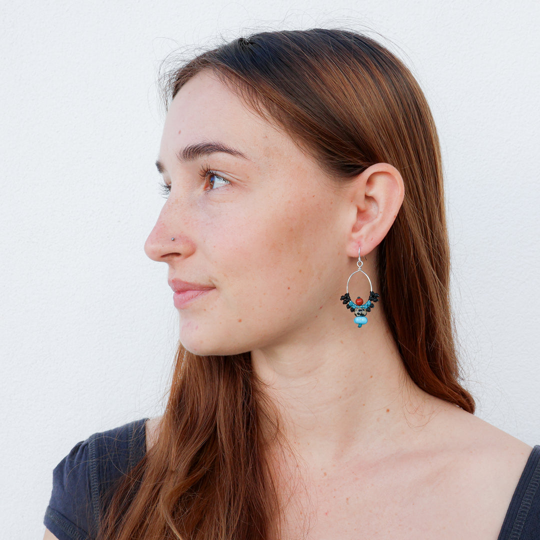 handmade sterling silver macrame hoop earings with turquoise and dalmation jasper beads