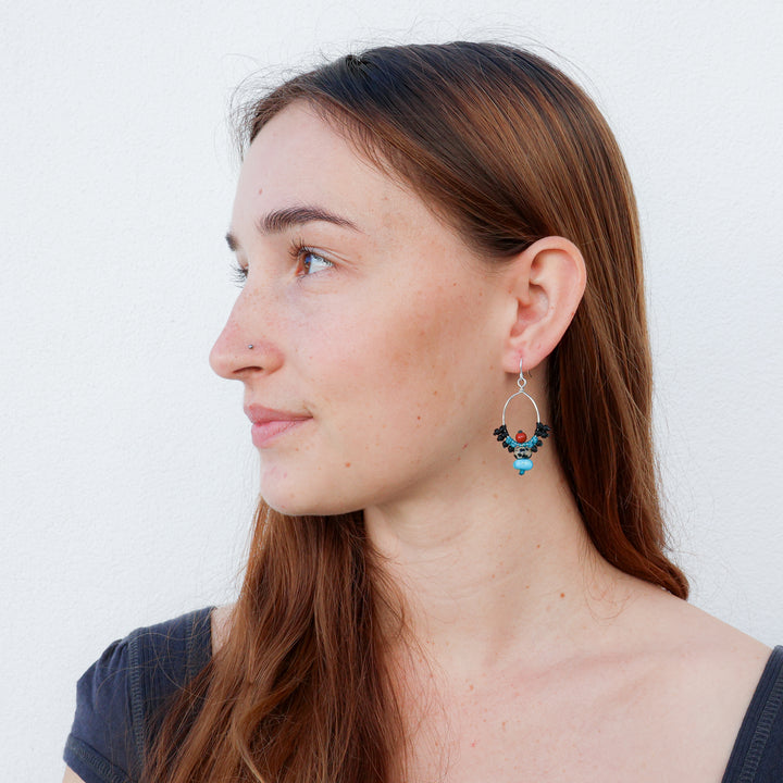 handmade sterling silver macrame hoop earings with turquoise and dalmation jasper beads
