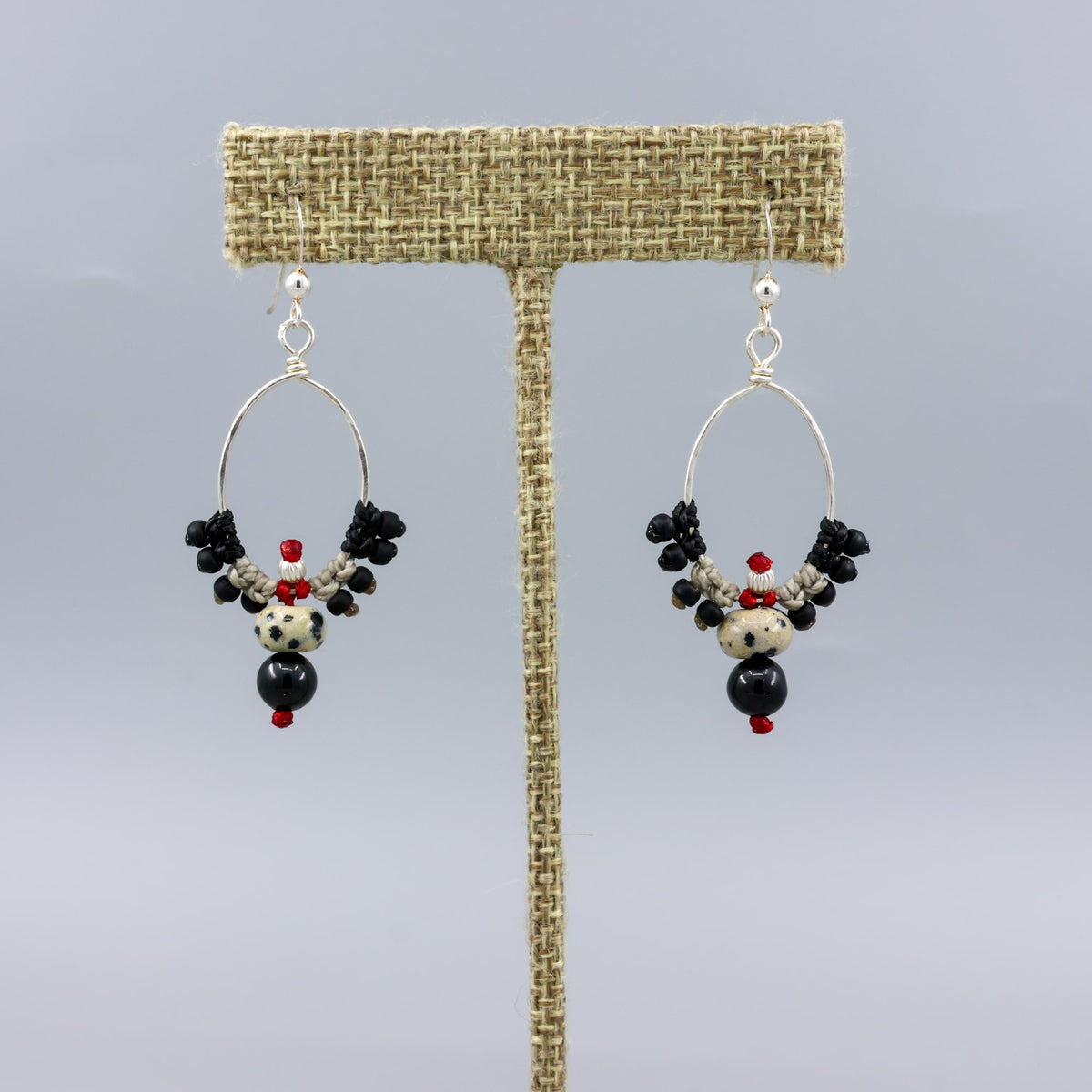 handmade, boho western macrame hoop earrings with jasper and spinel beads