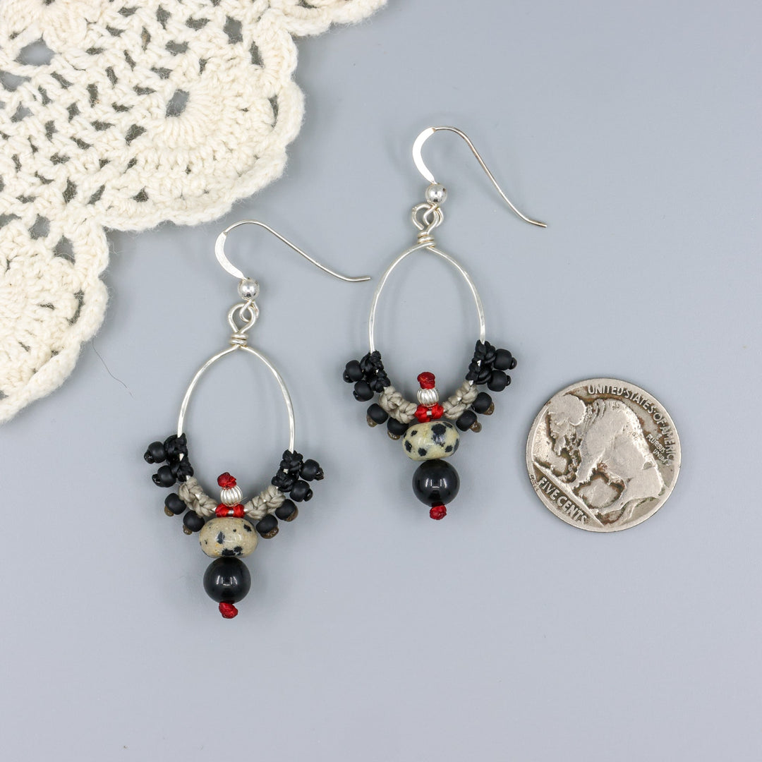 handmade, boho western macrame hoop earrings with jasper and spinel beads with a coin for size comparison