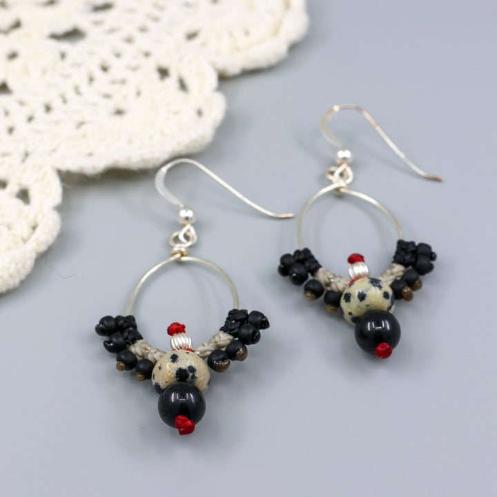 handmade, boho western macrame hoop earrings with jasper and spinel beads detail shot