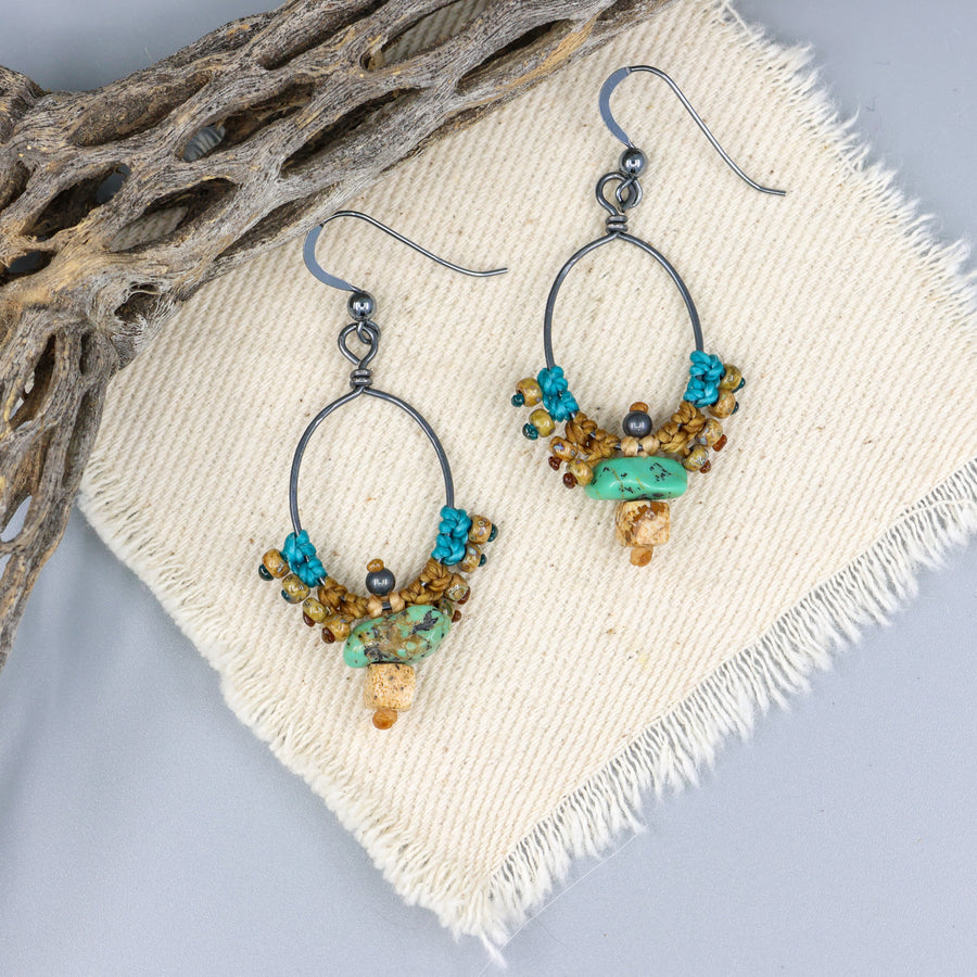 handmade oxidized sterling silver hoops with macrame, turquoise, and picture jasper