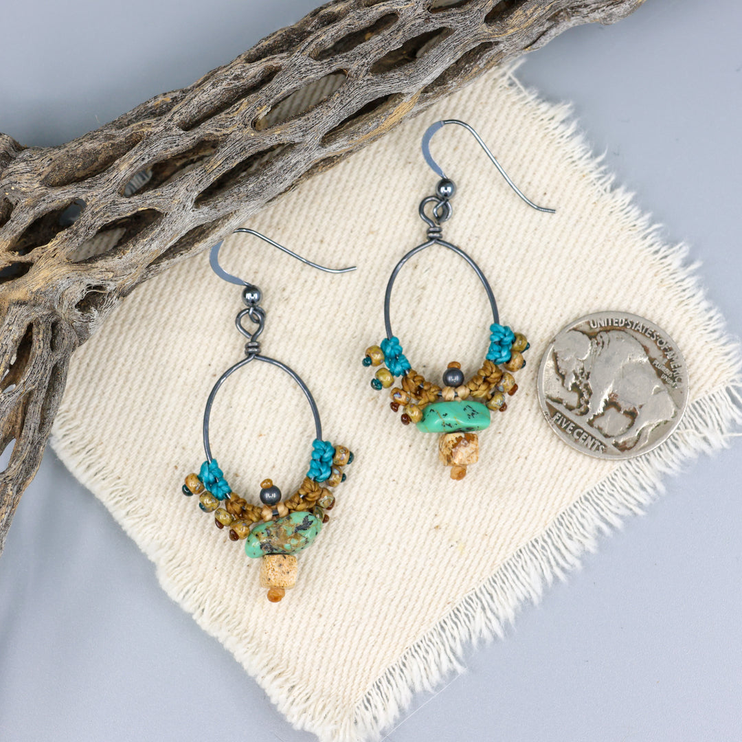 Thunderbird Hoop Earrings / Turquoise, Jasper / Oxidized Sterling