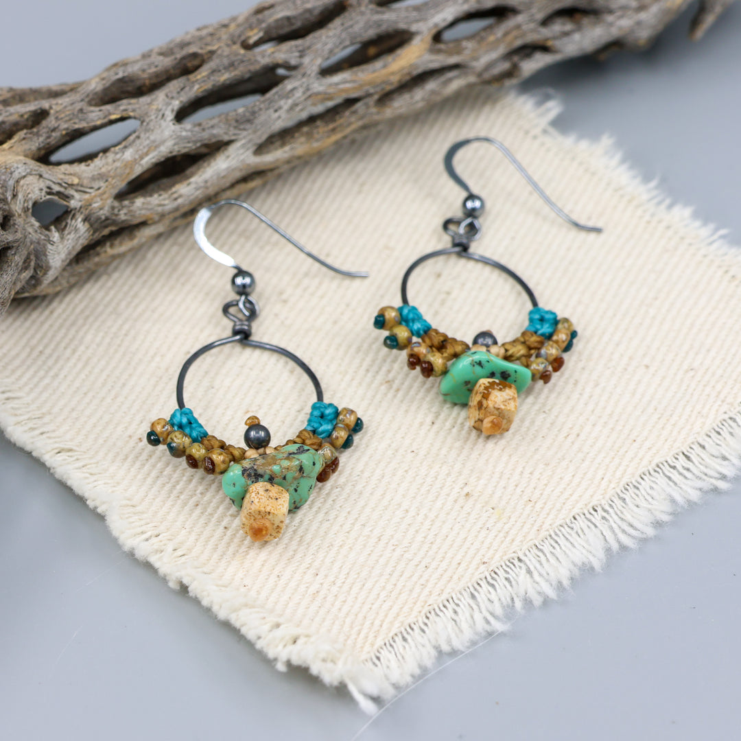 Thunderbird Hoop Earrings / Turquoise, Jasper / Oxidized Sterling