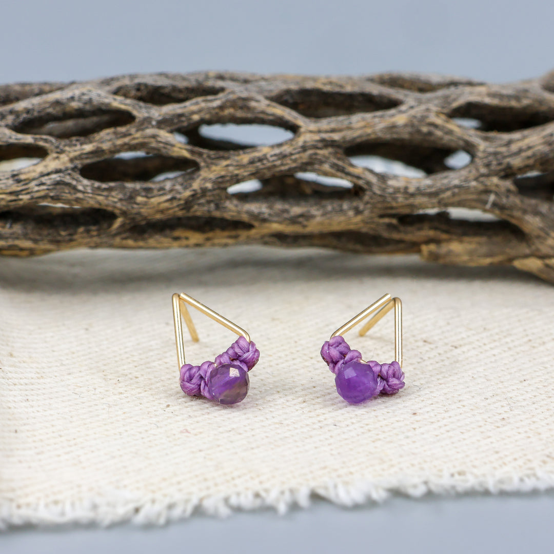 Amethyst Stud Earrings / Triangle / Gold Fill
