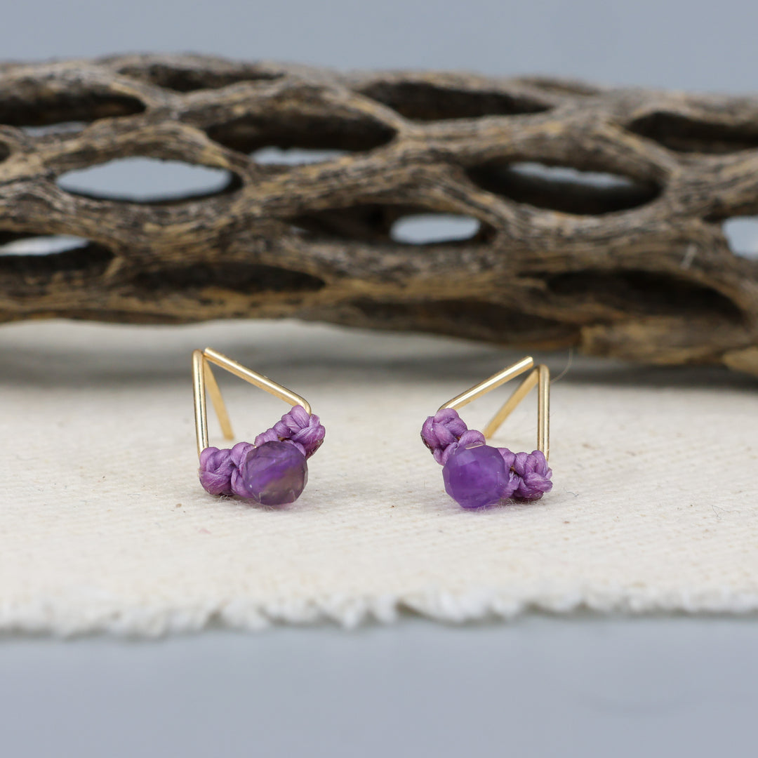 Amethyst Stud Earrings / Triangle / Gold Fill