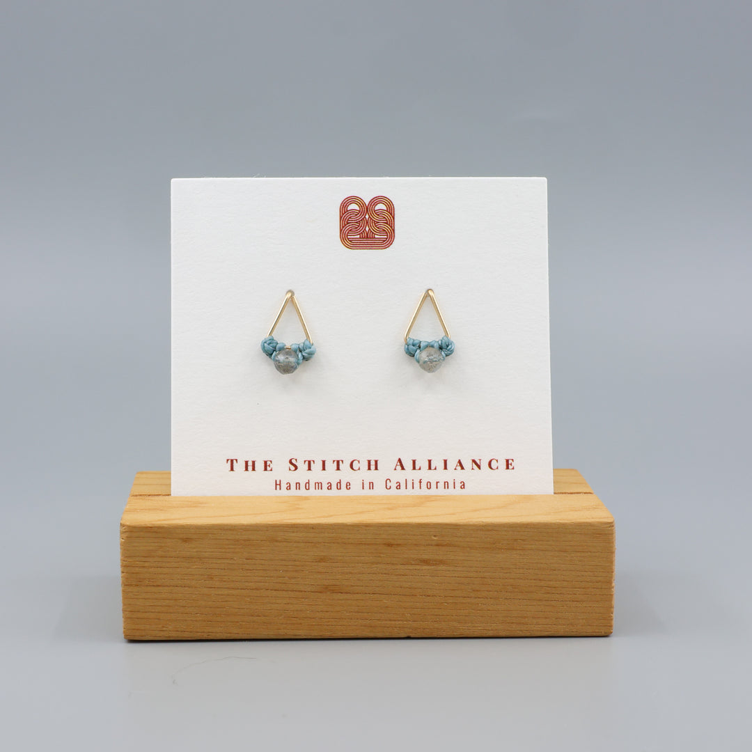 handmade labradorite triangle stud earrings gold fill on a white display card