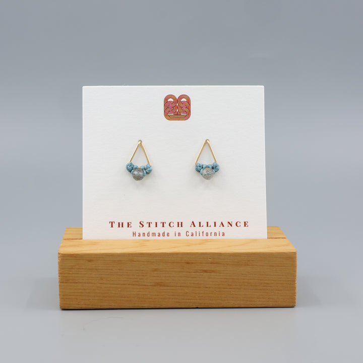 handmade labradorite triangle stud earrings gold fill on a white display card