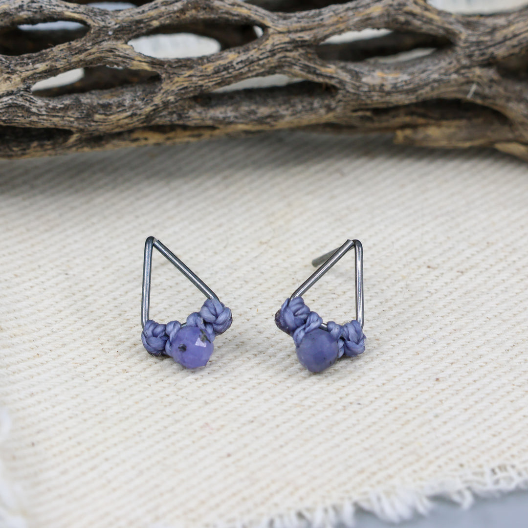 Tanzanite Stud Earrings / Triangle / Oxidized Sterling