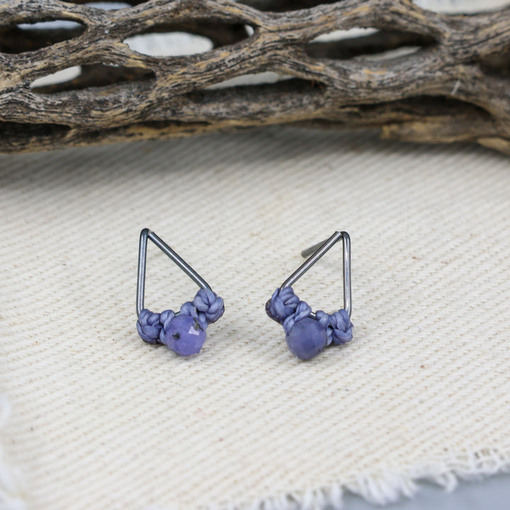 Tanzanite Stud Earrings / Triangle / Oxidized Sterling