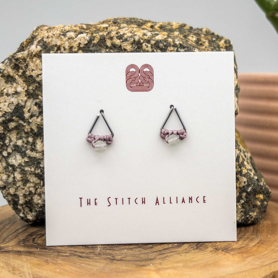 oxidized sterling silver triangle shaped post-style earring with rainbow fluorite bead