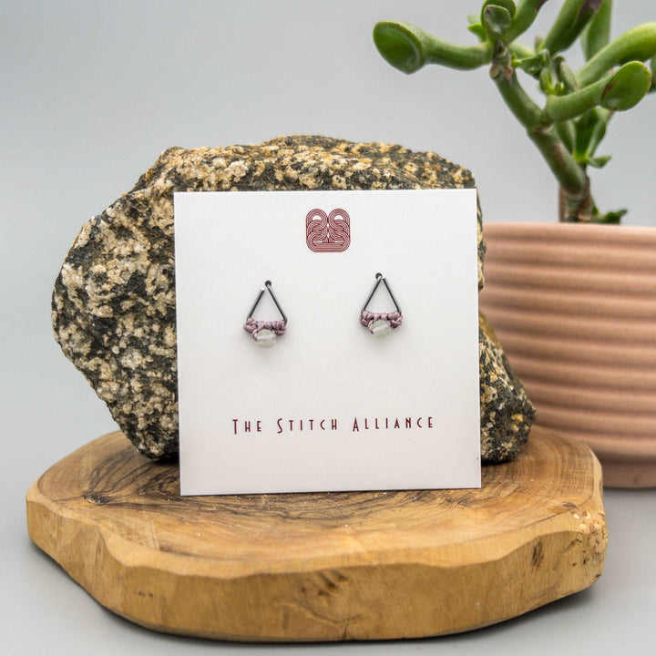 oxidized sterling silver triangle shaped post-style earring with rainbow fluorite bead