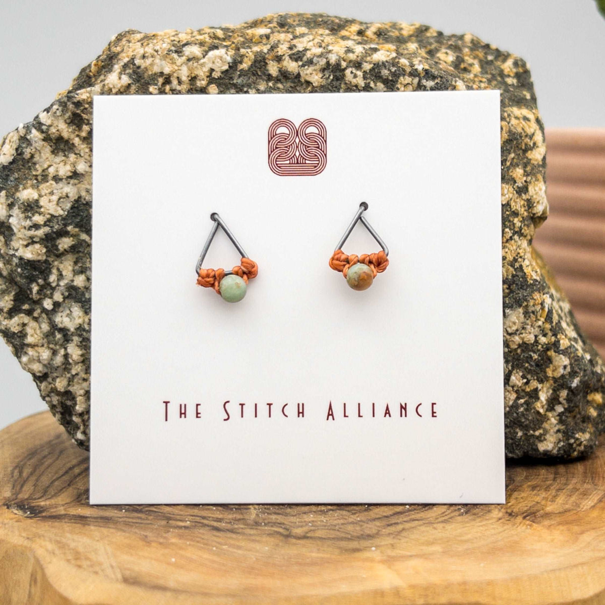 gunmetal sterling silver triangle post macrame earrings with aqua terra jasper beads
