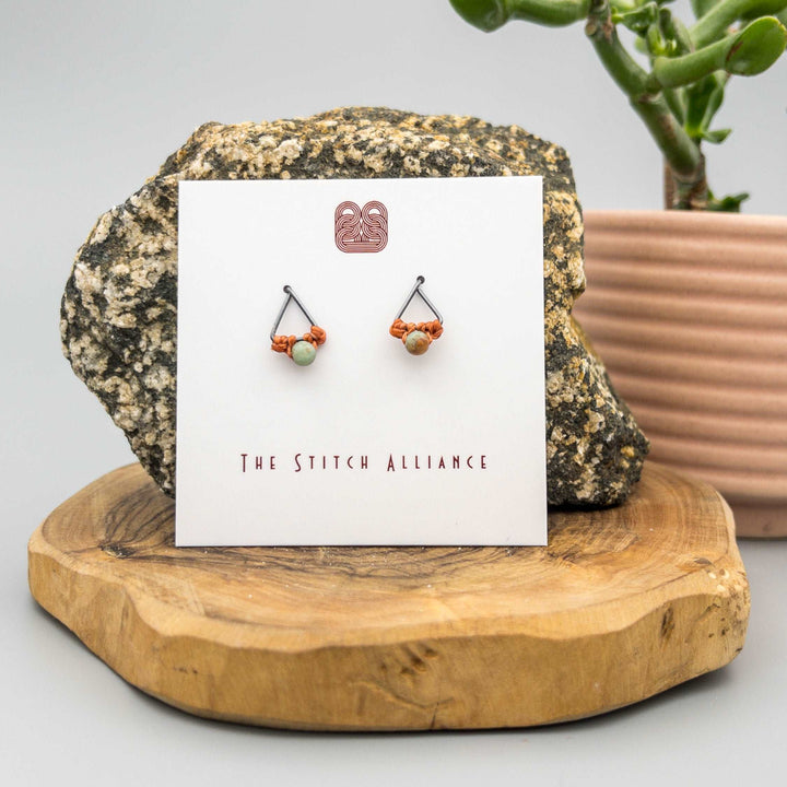 oxidized sterling silver triangle post earrings with small aqua terra jasper beads
