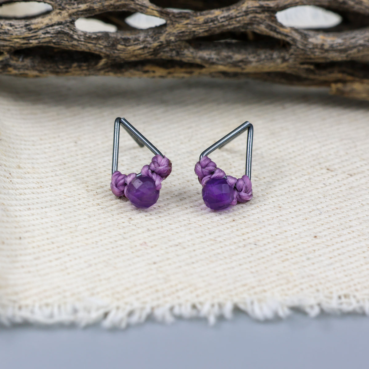 amethyst oxidized sterling silver triangle studs