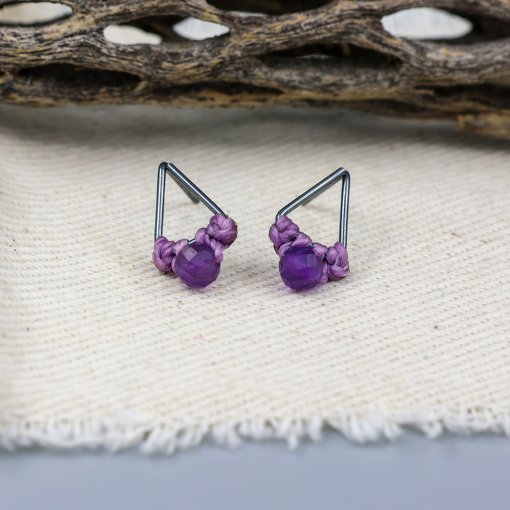 amethyst oxidized sterling silver triangle studs