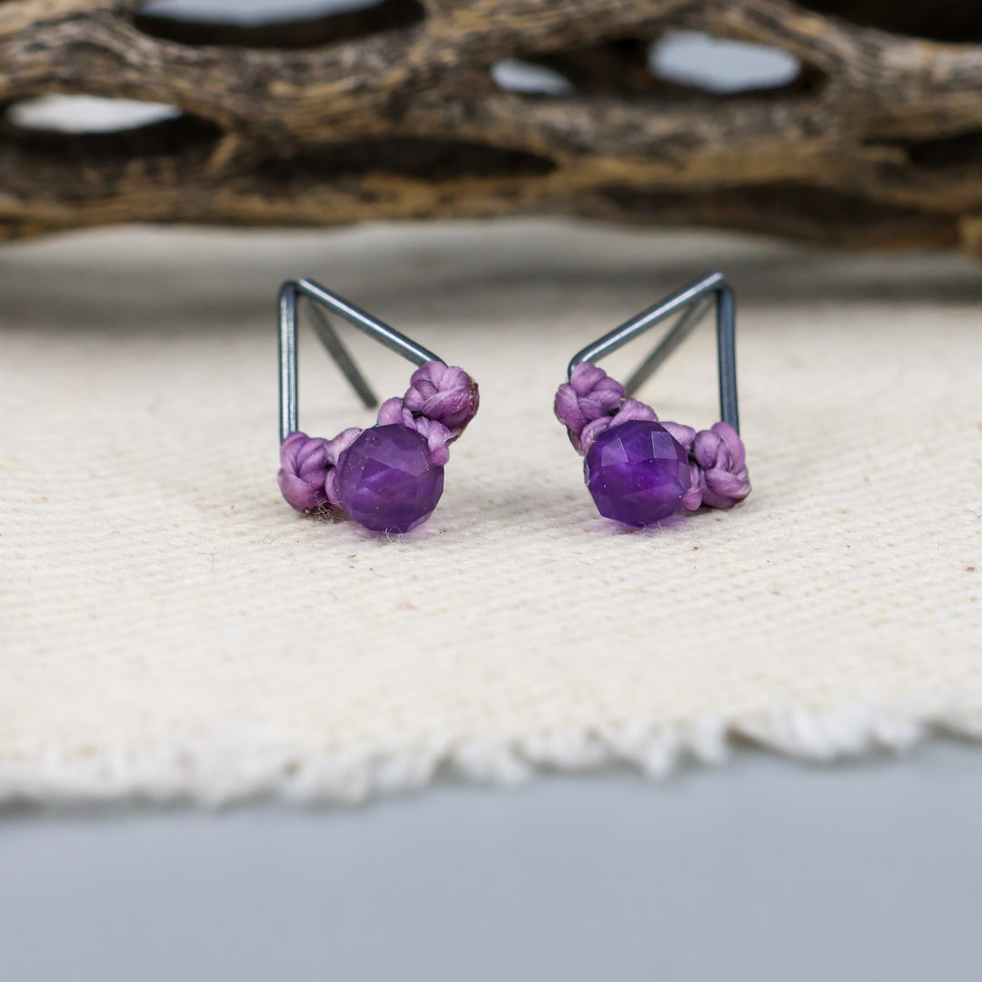 Amethyst Stud Earrings / Triangle / Oxidized Sterling Silver
