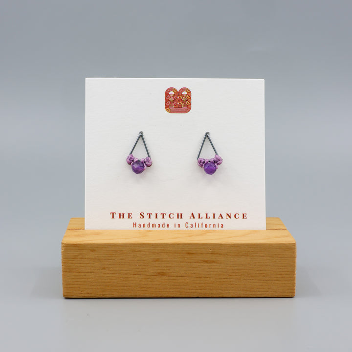Amethyst Stud Earrings / Triangle / Oxidized Sterling Silver