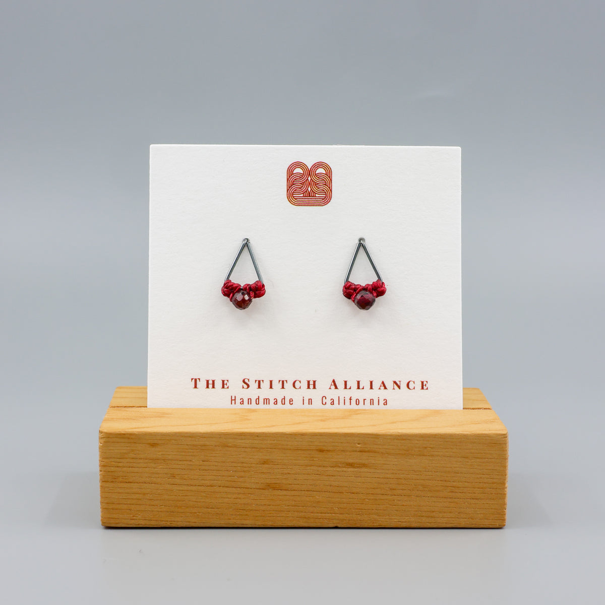 Garnet stud earrings triangle oxidized sterling silver