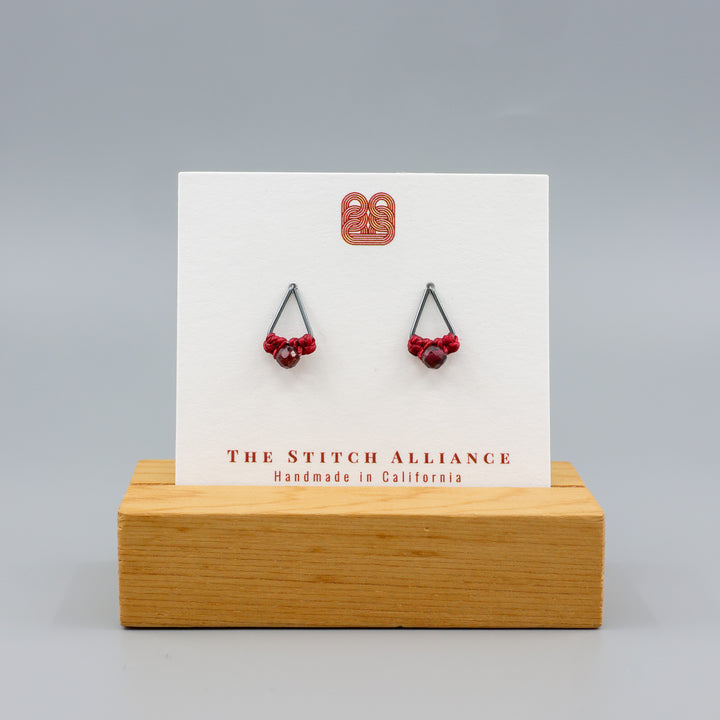 Garnet stud earrings triangle oxidized sterling silver